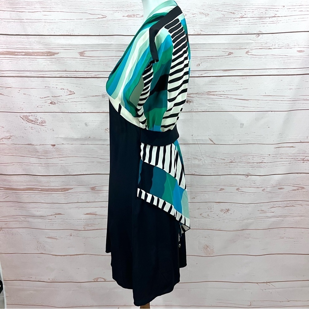 Anna Sui Silk Teal Serape Striped Dolman Sleeve Geometric Peplum Dress - Picture 5 of 11